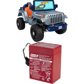 Bundle of Power Wheels Hot Wheels Jeep Wrangler Toddler Ride-On Toy with Driving Sounds + Power Wheels 6-Volt Red Rechargeable Replacement Battery for Fisher-Price Ride-On Preschool & Toddler Toy, Red