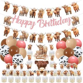 Highland Cow Birthday Party Decorations for Little Girl - 48 Pieces Pink Glitter Cow Party Supplies, with Boho Cute Highland Calf Birthday Banner Balloons Cake Cupcake Toppers