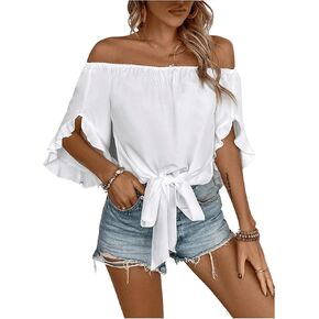 MakeMeChic Women's Off Shoulder Blouse Tie Front Ruffle Trim Bell Sleeve Summer Shirt Tops