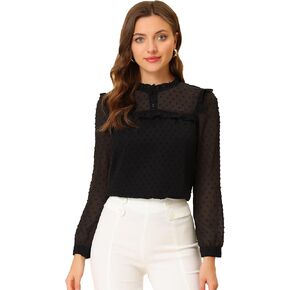 Allegra K Women's St. Patrick's Day Swiss Dots Chiffon Blouse Long Sleeve Ruffled Work Office Shirt Top