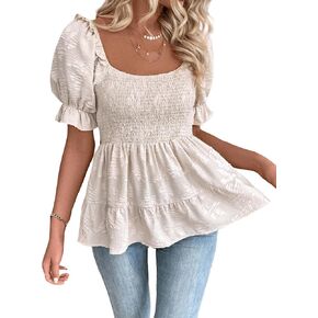 SOLY HUX Women's Blouse Square Neck Puff Short Sleeve Shirred Ruffle Hem Peplum Tops