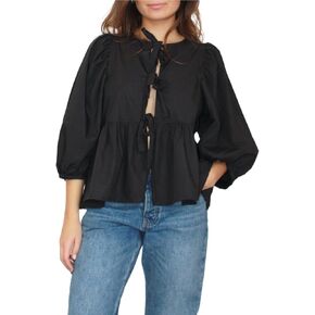 Women Tie Front Puff Sleeve Blouse Peplum Shirt Cute Casual Babydoll Tops Teen Girls Cute Summer Tops
