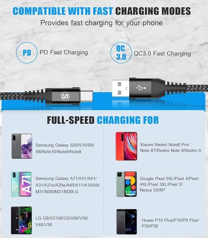 كابل sweguard USB من النوع C شحن سريع 3.1 أمبير [3 عبوات، 6.6 قدم]، شاحن USB-A إلى USB-C سلك مجدول من النايلون لهاتف Samsung Galaxy S21 S20 S10 S9 S8 Plus، Note 20 10، A02S A32 A71، LG stylo 6، Moto جي بلو in Kuwait