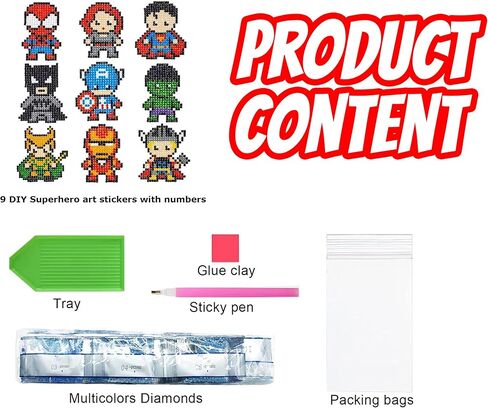 Kids Crafts Gem Art Hero Sticker Kit - Diamond Painting by Numbers with Rhinestones Fun & Easy - includes 9 Super Hero Stickers - Educational Craft Activity for Children Ages 5+ - Over 9 Hours of Fun in Kuwait