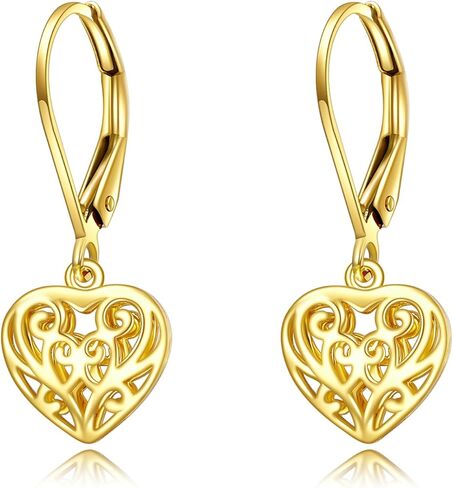 14k Gold Heart Dangle Earrings Yellow Gold Filigree Heart Drop Earrings Fine Gold Leverback Earrings Jewelry Christmas Gifts for Women Girls Her in Kuwait
