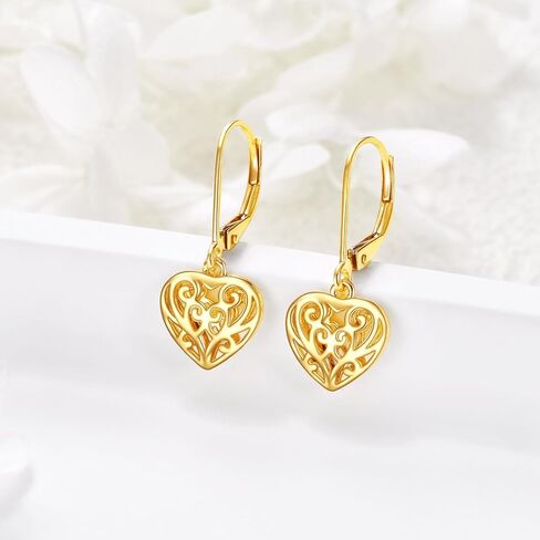 14k Gold Heart Dangle Earrings Yellow Gold Filigree Heart Drop Earrings Fine Gold Leverback Earrings Jewelry Christmas Gifts for Women Girls Her in Kuwait