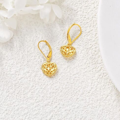14k Gold Heart Dangle Earrings Yellow Gold Filigree Heart Drop Earrings Fine Gold Leverback Earrings Jewelry Christmas Gifts for Women Girls Her in Kuwait