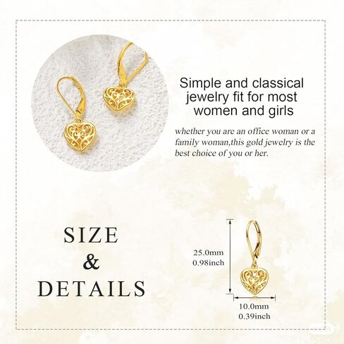 14k Gold Heart Dangle Earrings Yellow Gold Filigree Heart Drop Earrings Fine Gold Leverback Earrings Jewelry Christmas Gifts for Women Girls Her in Kuwait