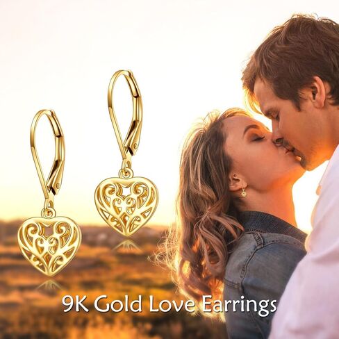 14k Gold Heart Dangle Earrings Yellow Gold Filigree Heart Drop Earrings Fine Gold Leverback Earrings Jewelry Christmas Gifts for Women Girls Her in Kuwait