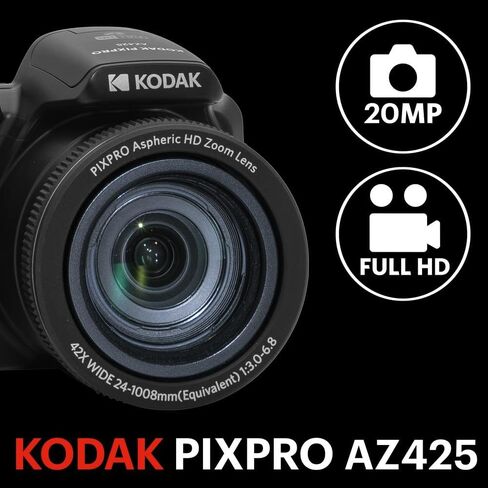 KODAK PIXPRO AZ425-BK كاميرا رقمية 20 ميجابكسل 42X زووم بصري 24 مم عدسة زاوية واسعة 1080 بكسل فيديو عالي الدقة تثبيت الصورة البصرية بطارية ليثيوم أيون 3 بوصات LCD كاميرا تسجيل فيديو (أسود) in Kuwait