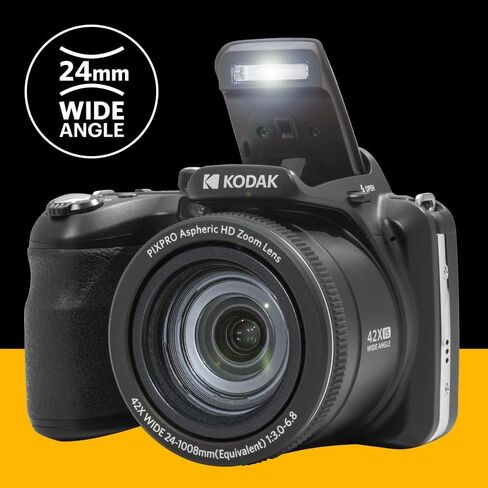 KODAK PIXPRO AZ425-BK كاميرا رقمية 20 ميجابكسل 42X زووم بصري 24 مم عدسة زاوية واسعة 1080 بكسل فيديو عالي الدقة تثبيت الصورة البصرية بطارية ليثيوم أيون 3 بوصات LCD كاميرا تسجيل فيديو (أسود) in Kuwait