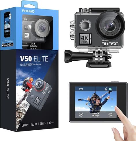 AKASO V50 Elite 4K60fps شاشة تعمل باللمس واي فاي عمل الكاميرا التحكم الصوتي EIS 131 قدم كاميرا مقاومة للماء 8X التكبير التحكم عن بعد in Kuwait
