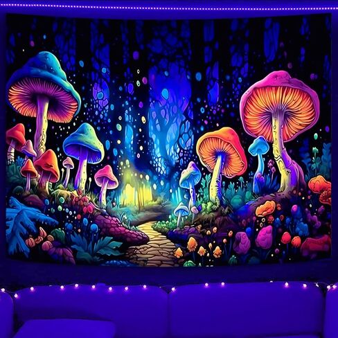 SparkLia Blacklight نسيج الفطر الملون، الأشعة فوق البنفسجية رد الفعل النيون الفن الخيال الغابات يتوهج في الظلام الجدار شنقا المفروشات لغرفة النوم، غرفة المعيشة - 59.1 "× 80" in Kuwait