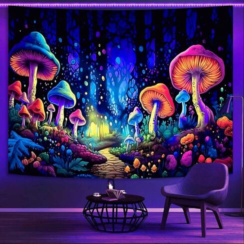 SparkLia Blacklight نسيج الفطر الملون، الأشعة فوق البنفسجية رد الفعل النيون الفن الخيال الغابات يتوهج في الظلام الجدار شنقا المفروشات لغرفة النوم، غرفة المعيشة - 59.1 "× 80" in Kuwait