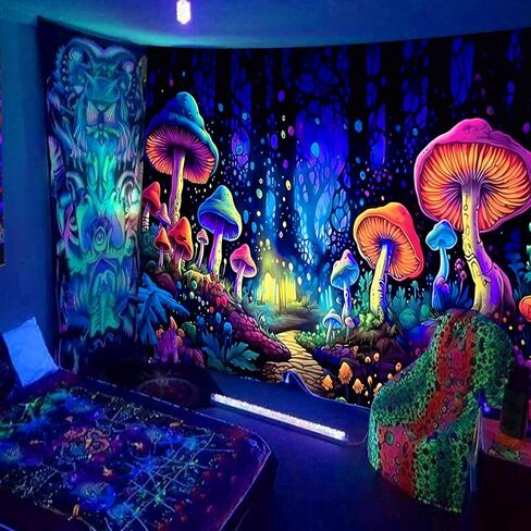 SparkLia Blacklight نسيج الفطر الملون، الأشعة فوق البنفسجية رد الفعل النيون الفن الخيال الغابات يتوهج في الظلام الجدار شنقا المفروشات لغرفة النوم، غرفة المعيشة - 59.1 "× 80" in Kuwait