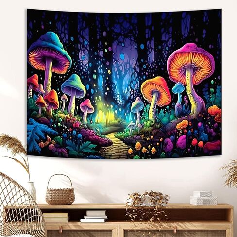 SparkLia Blacklight نسيج الفطر الملون، الأشعة فوق البنفسجية رد الفعل النيون الفن الخيال الغابات يتوهج في الظلام الجدار شنقا المفروشات لغرفة النوم، غرفة المعيشة - 59.1 "× 80" in Kuwait