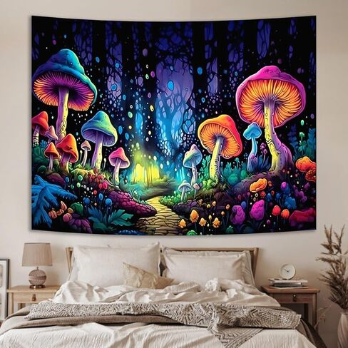 SparkLia Blacklight نسيج الفطر الملون، الأشعة فوق البنفسجية رد الفعل النيون الفن الخيال الغابات يتوهج في الظلام الجدار شنقا المفروشات لغرفة النوم، غرفة المعيشة - 59.1 "× 80" in Kuwait