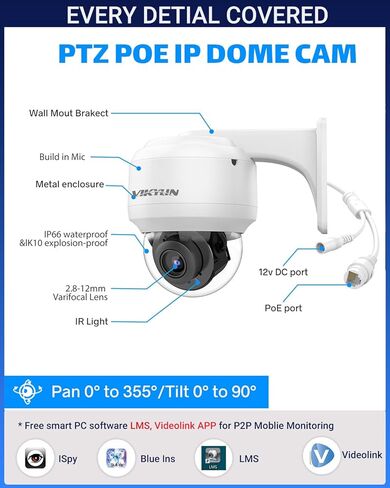 متوافق مع كاميرا Hikvision 4K PTZ 8MP بالألوان الكاملة PoE IP، عدسة تكبير بصري 5X 2.7~13.5 مم، اكتشاف الإنسان/المركبة بالذكاء الاصطناعي، رؤية ليلية ملونة بأضواء كاشفة بطول 98 قدمًا، صوت ثنائي الاتجاه، SD(512 جيجابايت)، IP67(2386IRC PTZ) in Kuwait