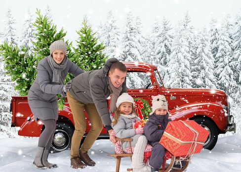 Avezano Christmas Red Truck Backdrop Snowy Pine Tree Xmas Home Decorations Merry Christmas Party Background Winter Holiday Family Kids Portrait Photobooth Supplies (8x6ft) in Saudi Arabia