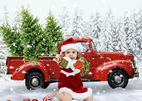 Avezano Christmas Red Truck Backdrop Snowy Pine Tree Xmas Home Decorations Merry Christmas Party Background Winter Holiday Family Kids Portrait Photobooth Supplies (8x6ft) in Saudi Arabia