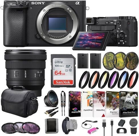Sony a6400 Mirrorless Camera ILCE-6400/B, Sony FE PZ 16-35mm Lens, Filter Kit, Wide Angle Lens, Color Filter Kit, Bag, 64GB Card, NPF-W50 Battery, Card Reader, Corel Photo Software, and More in Saudi Arabia