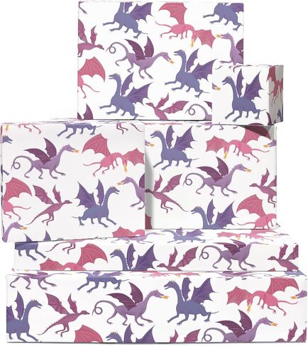 CENTRAL 23 Dragon Wrapping Paper - Boy Birthday Wrapping Paper - 6 Sheets White Gift Wrap Paper - Baby Shower Wrapping Paper Boy - Comes With Fun Stickers - Recyclable in Saudi Arabia