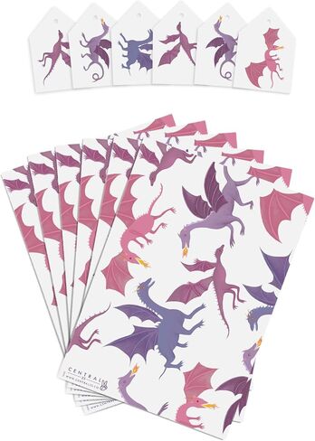 CENTRAL 23 Dragon Wrapping Paper - Boy Birthday Wrapping Paper - 6 Sheets White Gift Wrap Paper - Baby Shower Wrapping Paper Boy - Comes With Fun Stickers - Recyclable in Saudi Arabia