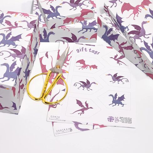 CENTRAL 23 Dragon Wrapping Paper - Boy Birthday Wrapping Paper - 6 Sheets White Gift Wrap Paper - Baby Shower Wrapping Paper Boy - Comes With Fun Stickers - Recyclable in Saudi Arabia
