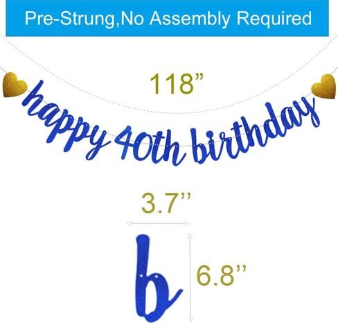 SUNbetterland Blue glitter Happy 40th Birthday Banner, Pre-Strung,Man's 40th Birthday Party Decorations Supplies, Happy 40th Birthday in Saudi Arabia