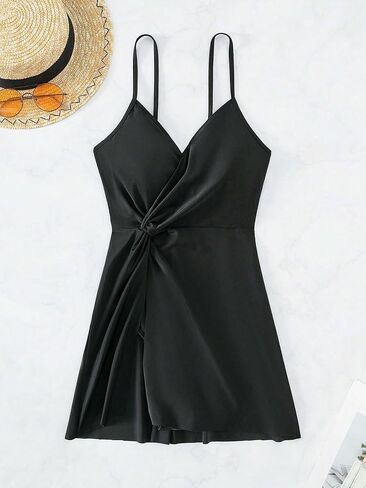 MakeMeChic Women's One Piece Swimdress Swimsuit Spaghetti Strap Ruched Twist Front Skirt Swimwear Bathing Suit in Saudi Arabia