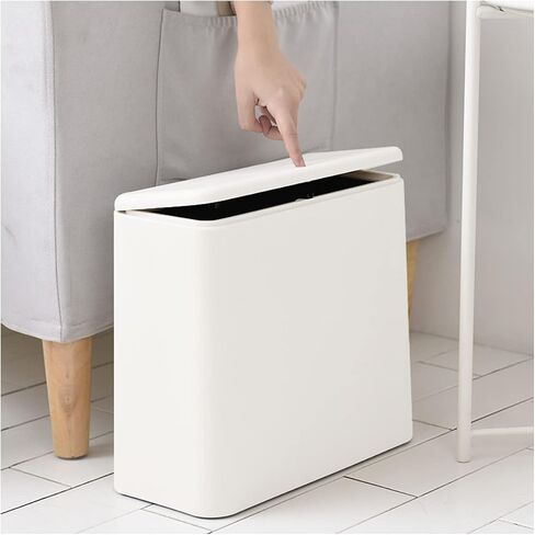 Modern Wastebasket Thin Trash Can,Small Rectangular Dog Proof Plastic Trash Bin,3.2 Gallon/12 Liter Slim Plastic Trash Can Wastebasket with Press Type Lid, White in Saudi Arabia