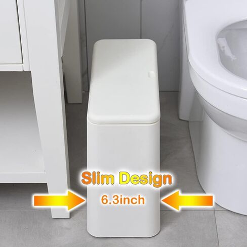 Modern Wastebasket Thin Trash Can,Small Rectangular Dog Proof Plastic Trash Bin,3.2 Gallon/12 Liter Slim Plastic Trash Can Wastebasket with Press Type Lid, White in Saudi Arabia