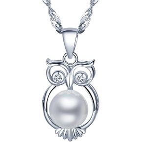 Yumilok Pearl Owl Necklace Sterling Silver Women Necklace Girls' Jewelry Zircon Animal Pendant Fashion Cute Dainty Necklaces for Teen Kids Friends Female Mom Birthday Aniversario Gift Silver