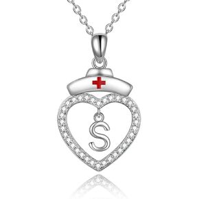 POPLYKE Nurse Initial Jewelry Gifts for Nurse 925 Sterling Silver Nurse Letter Pendant Necklace for Women Nurse Students