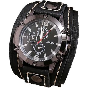 Retro Watch for Men, Men's Casual Watch, Men's Retro Hip-hop Punk Watch, Wide Strap Watch for Men, Leather Band Quartz Watch, Leather Bracelet Watch, Retro Cowhide Watch
