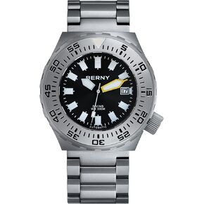 BERNY Dive Watch for Men Sports Diving Wristwatch with Screw-in Crown 30ATM Waterproof Sapphire Glass Solid Stainless Steel Bracelet Automatic Mechanical Pro Diver Watches Super Luminous