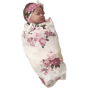 Newborn Girls Receiving Blanket Headband Set Flower Baby Swaddle Blankets Infant Warm …