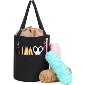 HOMEST Large Crochet Bag with Customized Front Compartment for Knitting Accessories, Yarn Storage with 6 Oversized Grommets, Tote Organizer with Drawstring Closure, Gray