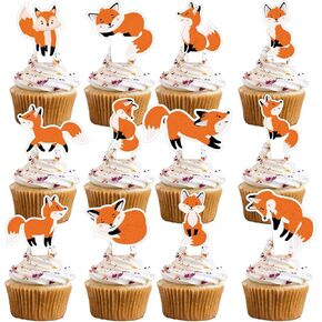 24pcs Double-sided Dessert Cupcake Topper Pick for Animal Fox Theme Baby Shower Boys Girls Happy Birthday Party Theme Decor Supplies