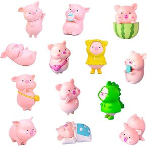 13pcs Pig Figure Animal Toys Set, Pink Pig Cake Toppers Fairy Garden Miniature Piggy Figurines Collection Playset for Christmas Birthday Gift Desk Decoration(Random Styles)