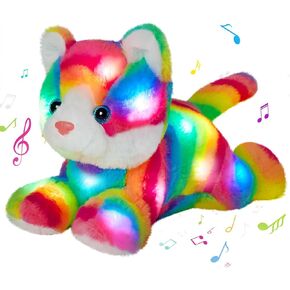 Glow Guards 13'' Light Up Rainbow Cat Plush Toy with LED Night Light & Lullaby for Kids, Soft Stuffed Animal Christmas & Birthday Gift