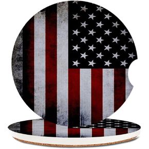 Absorbent Car Coasters 2 Pack for Women/Men,Bald Eagle USA Flag Car Coaster for Drinks,Ceramic Stone Car Cup Holder with A Finger Notch,American Flags