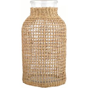 DOITOOL Glass Flower Vase with Rattan Cover, Round Decorative Flower Vase Woven Seagrass Vase Farmhouse Vase Floral Container for Floral Arrangement Table Centerpiece Decor (Size L)