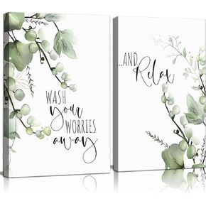 2 Pcs Botanical Canvas Wall Art Green Eucalyptus Leaves Picture Wall Decor Plant Watercolor Bathroom Poster Print for Toilet Laundry Clean Room Home Decoration