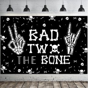 Bad Two The Bone Backdrop Banner, Skeleton Theme 2nd Birthday Decorations for Boys Girls Music Rock and Roll Birthday Party Photography Background in Saudi Arabia