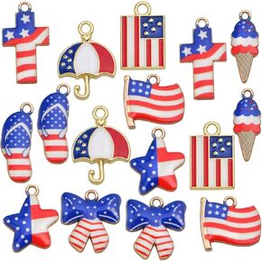 16pcs Enamel American Flag Charms Mixed Alloy Patriotic Pendants Pentagram Star Butterfly Flag Ornaments for DIY Independence Day Bracelet Necklace Jewelry Making Decor, 8 Styles