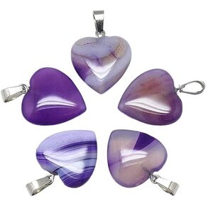 FASHEWELRY 10Pcs Natural Striped Agate Pendants Purple Heart Gemstone Dangle Charms with Bails Claps for DIY Jewelry Making