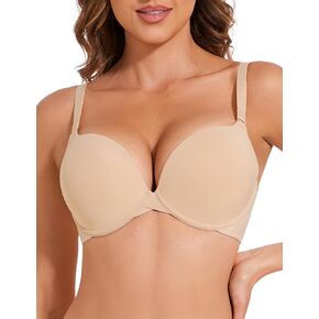 Push Up Padded Plunge Bra Add Cup Size Seamless Underwire T-Shirt Deep V Bras for Women