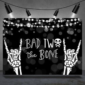Skeleton 2nd Birthday Backdrop Bad Two the Bone Black Halloween Boys Kids Birthday Photography Background Two Years Old Birthday Party Decoration Supplies Banner Photo Booth Studio Props 7x5ft