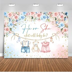 Mocsicka Gender Reveal Backdrop Pink and Blue Boy or Girl Clothes Background Floral Eucalyptus Leaves Gender Baby Shower Cake Table Decorations Banner Photo Booth (6x4ft)